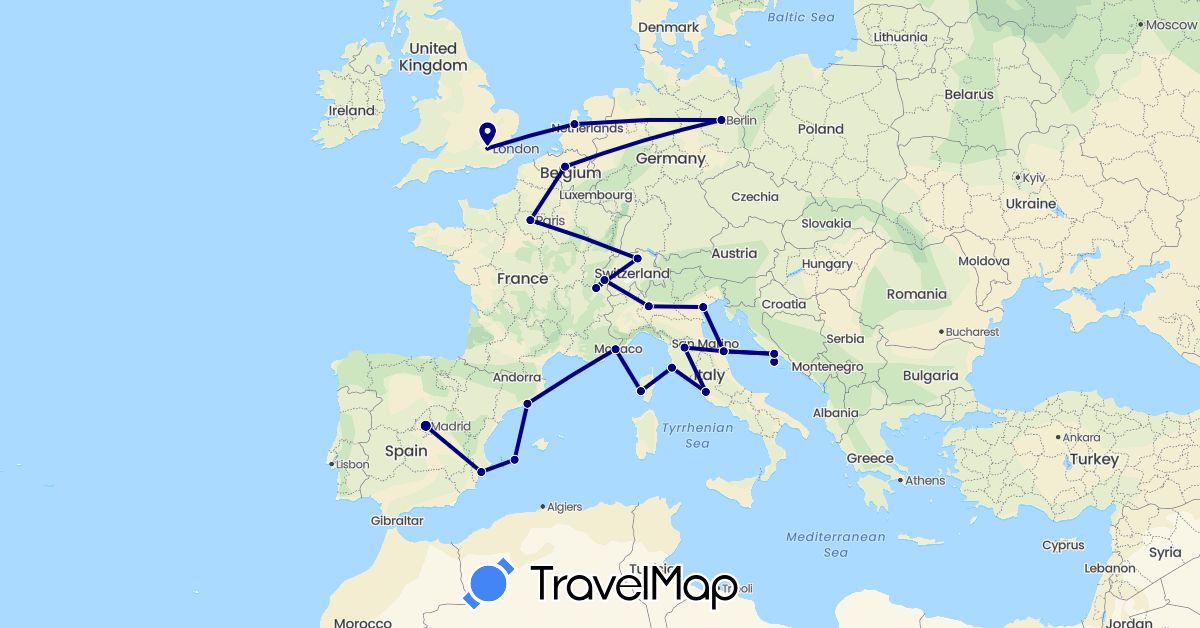 TravelMap itinerary: driving in Belgium, Switzerland, Germany, Spain, France, United Kingdom, Croatia, Italy, Netherlands (Europe)